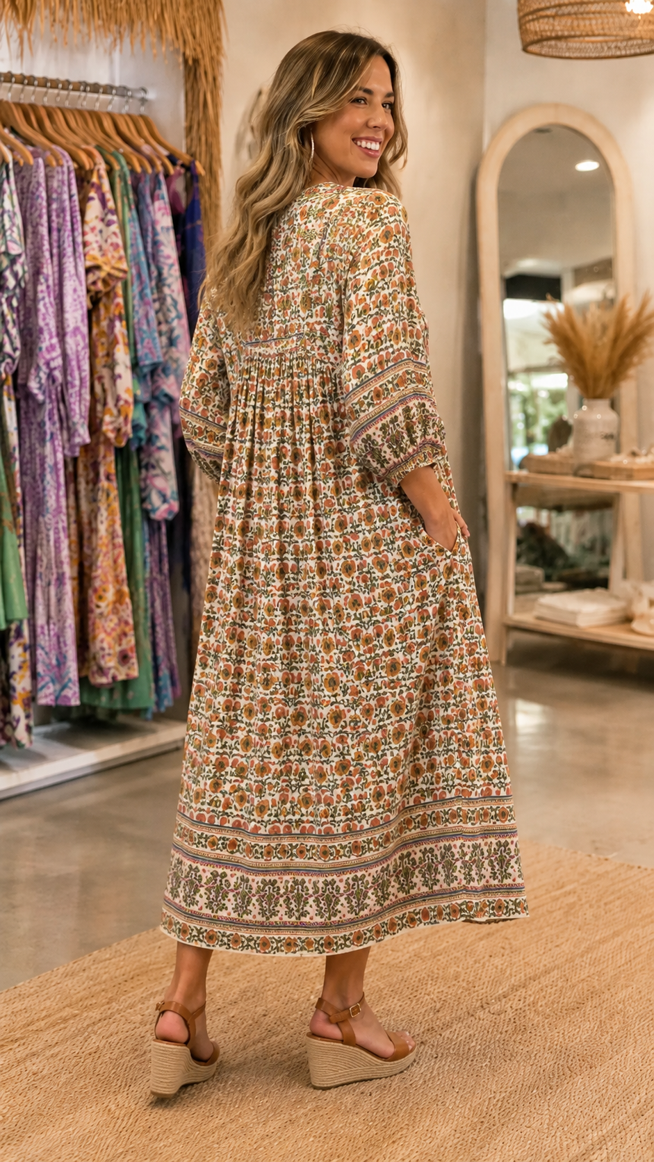 Boho Floral Print V-Neck Midi Dress