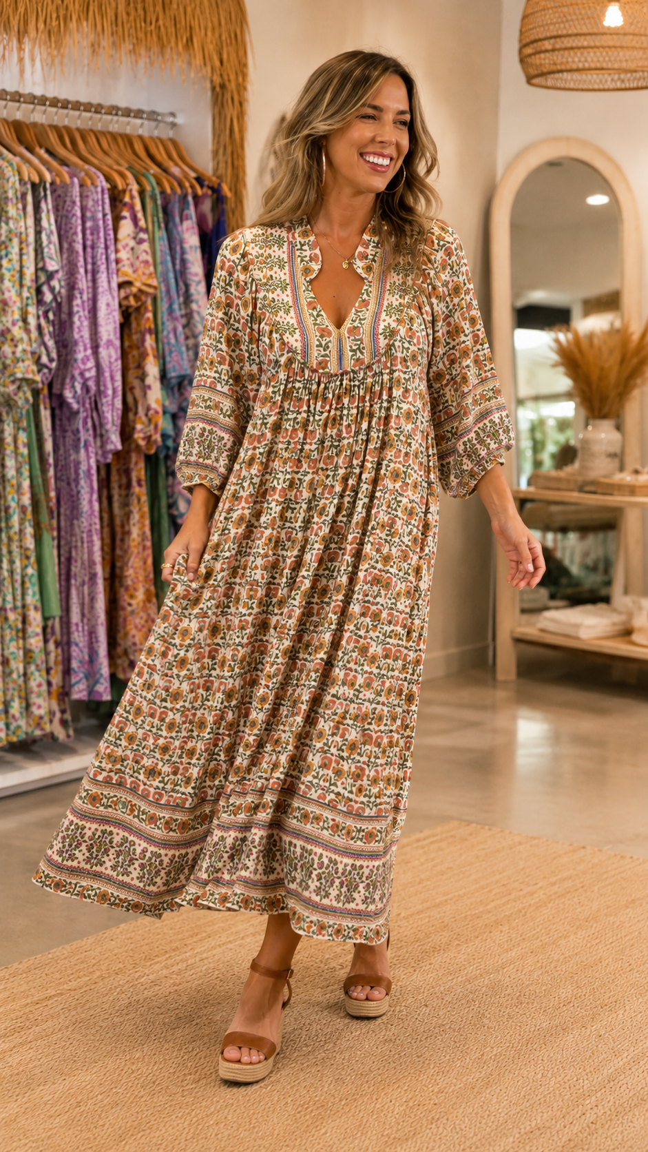 Boho Floral Print V-Neck Midi Dress