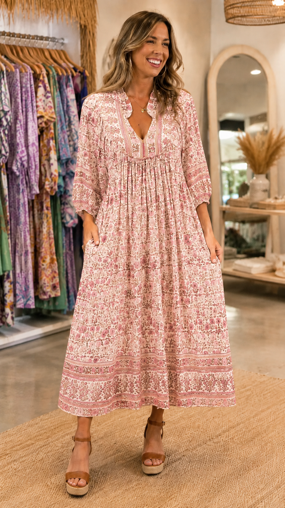 Boho Floral Print V-Neck Midi Dress