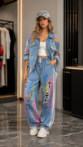 Paint-Splatter Denim Streetwear Two-Piece Set