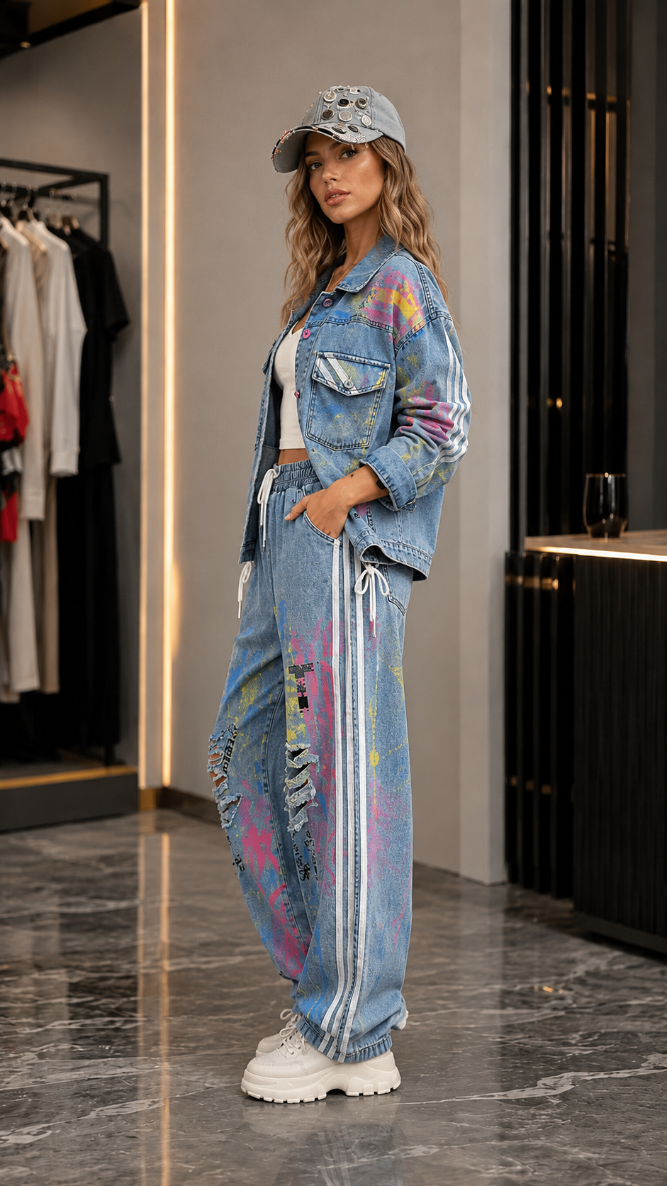 Paint-Splatter Denim Streetwear Two-Piece Set
