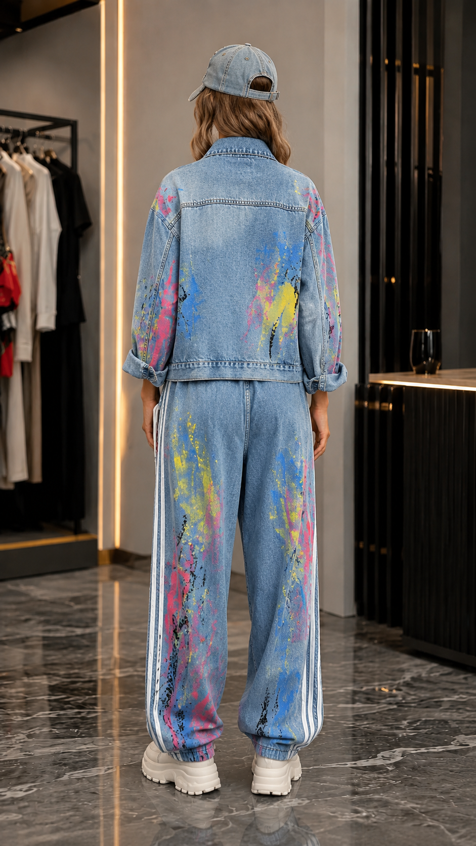 Paint-Splatter Denim Streetwear Two-Piece Set