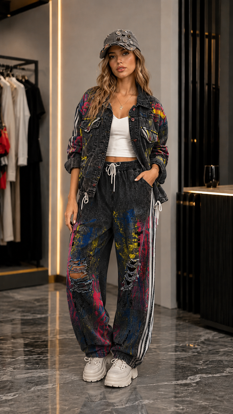 Paint-Splatter Denim Streetwear Two-Piece Set