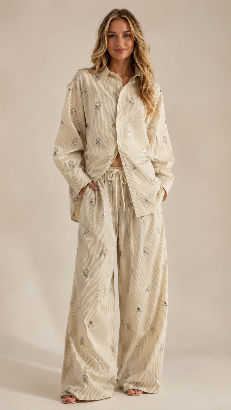 Floral Embroidered Corduroy Shirt Wide Leg Set