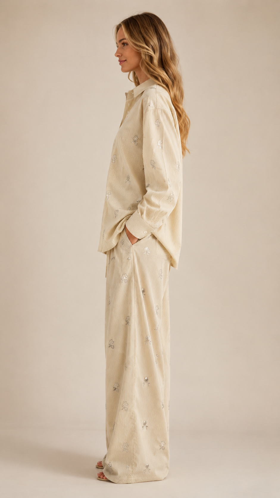 Floral Embroidered Corduroy Shirt Wide Leg Set