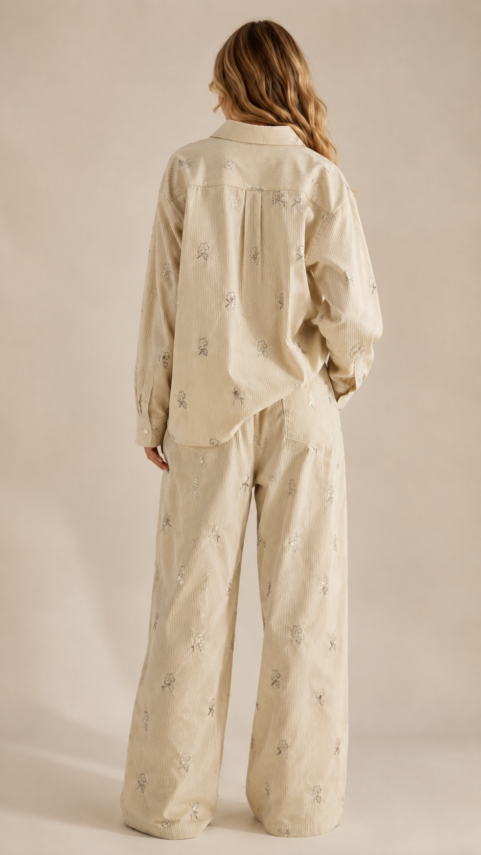 Floral Embroidered Corduroy Shirt Wide Leg Set