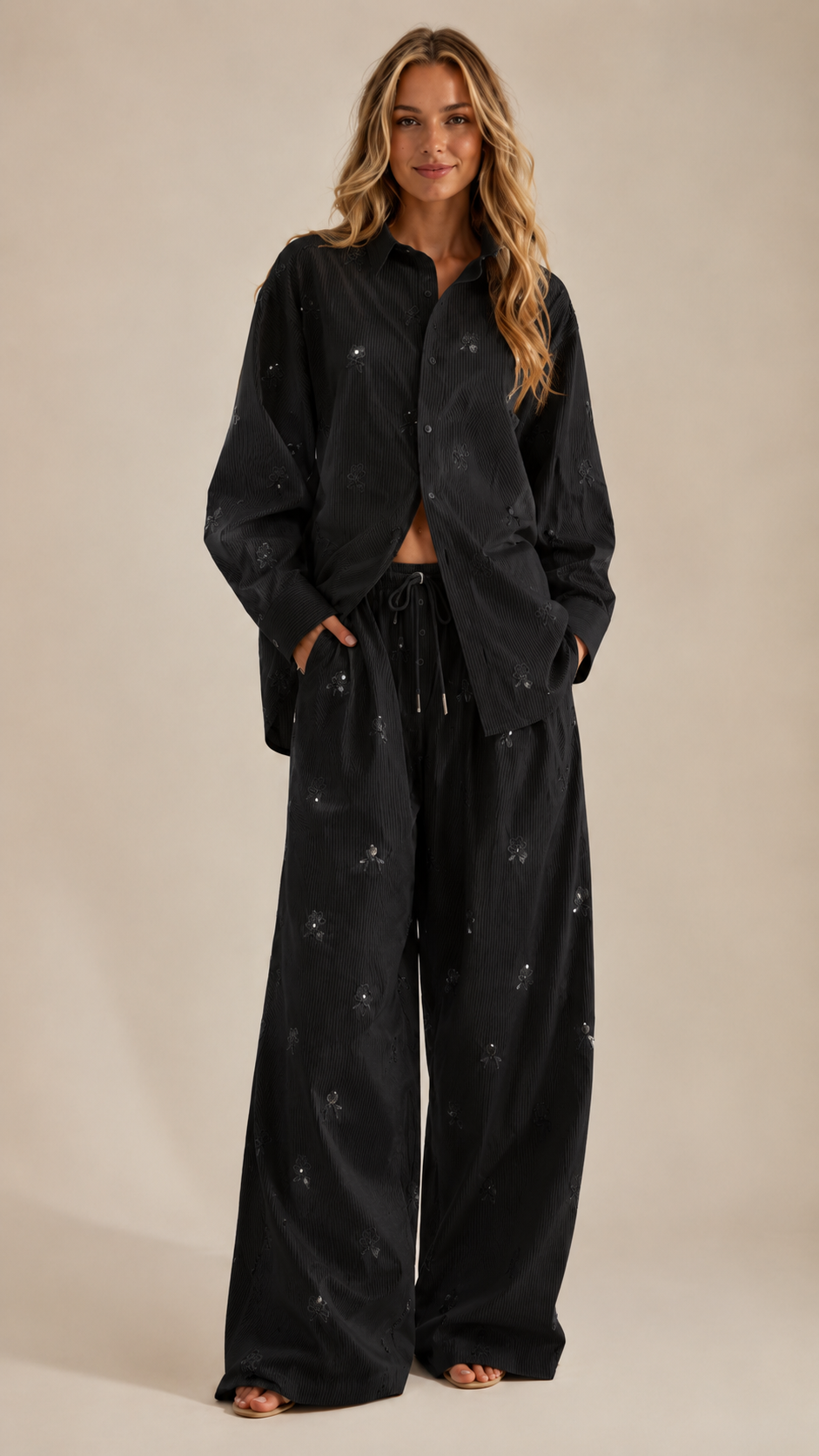 Floral Embroidered Corduroy Shirt Wide Leg Set