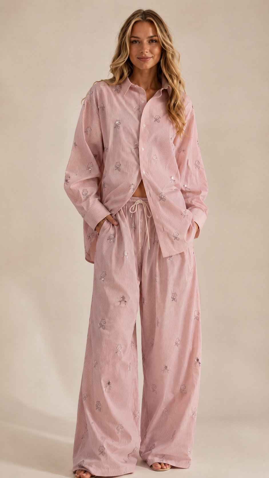 Floral Embroidered Corduroy Shirt Wide Leg Set