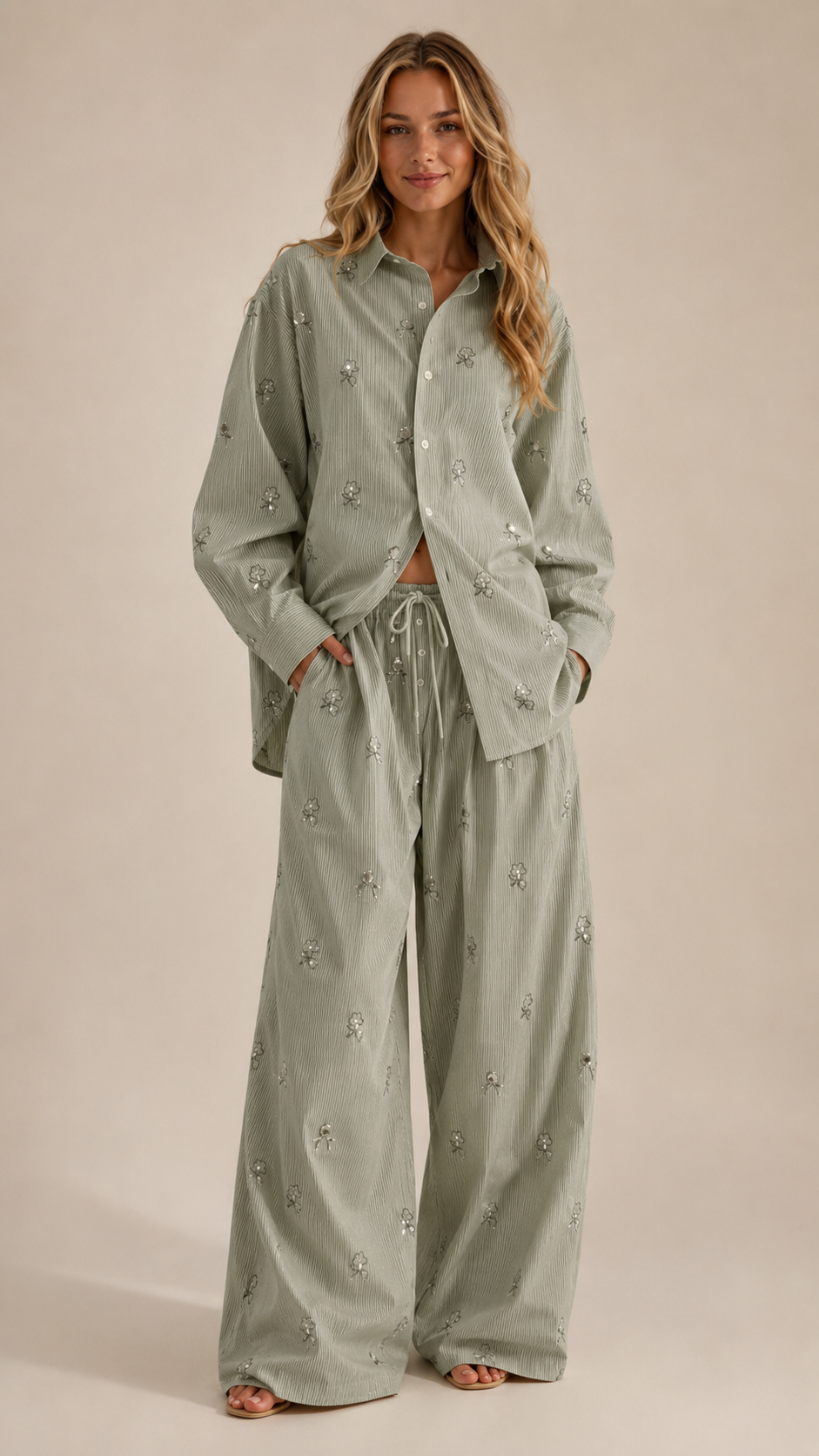 Floral Embroidered Corduroy Shirt Wide Leg Set
