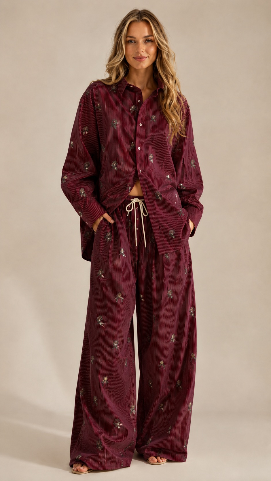 Floral Embroidered Corduroy Shirt Wide Leg Set