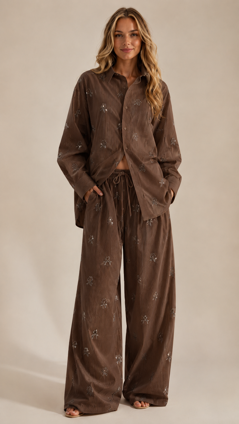 Floral Embroidered Corduroy Shirt Wide Leg Set