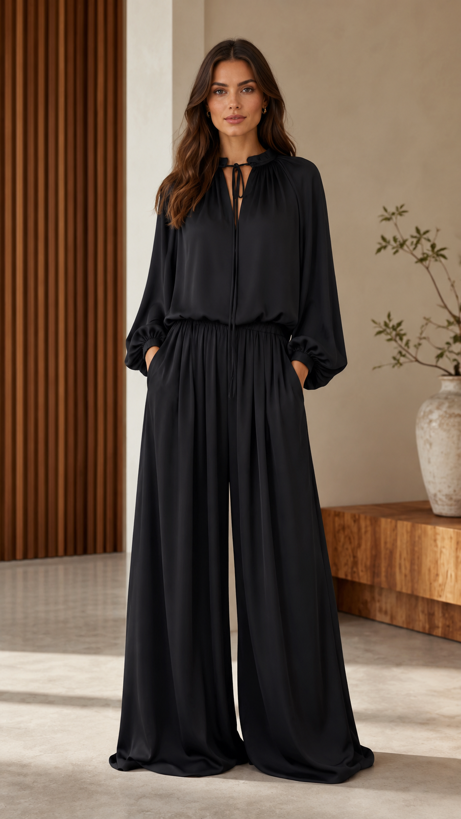Elegant Tie-Neck Wide Leg Jumpsuit
