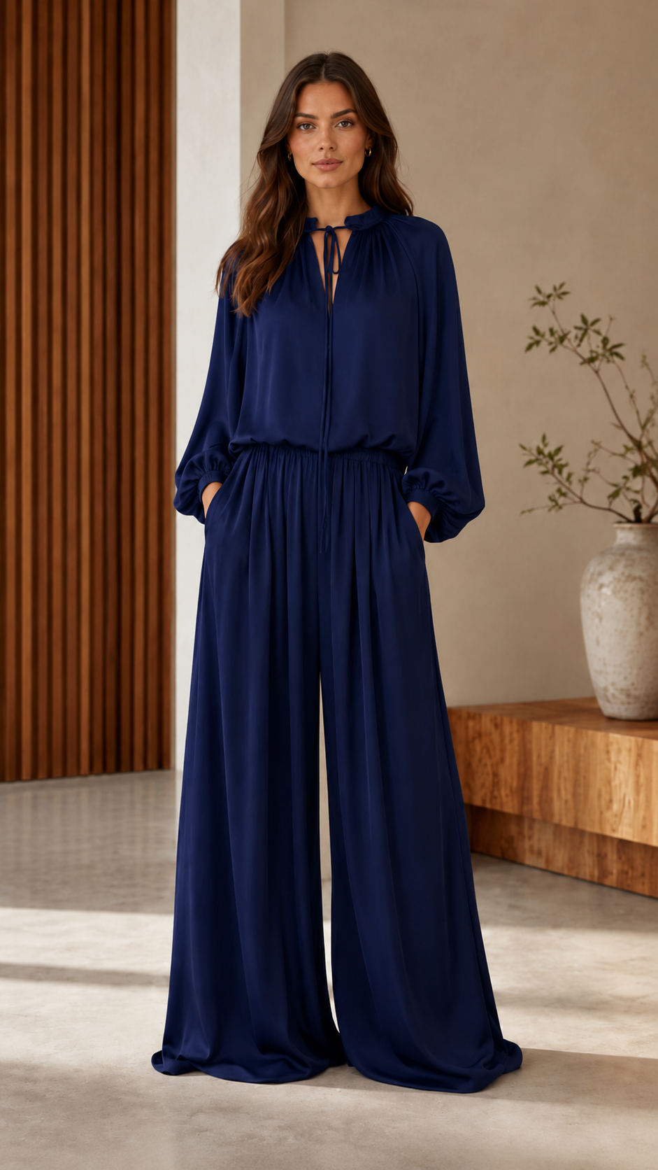 Elegant Tie-Neck Wide Leg Jumpsuit