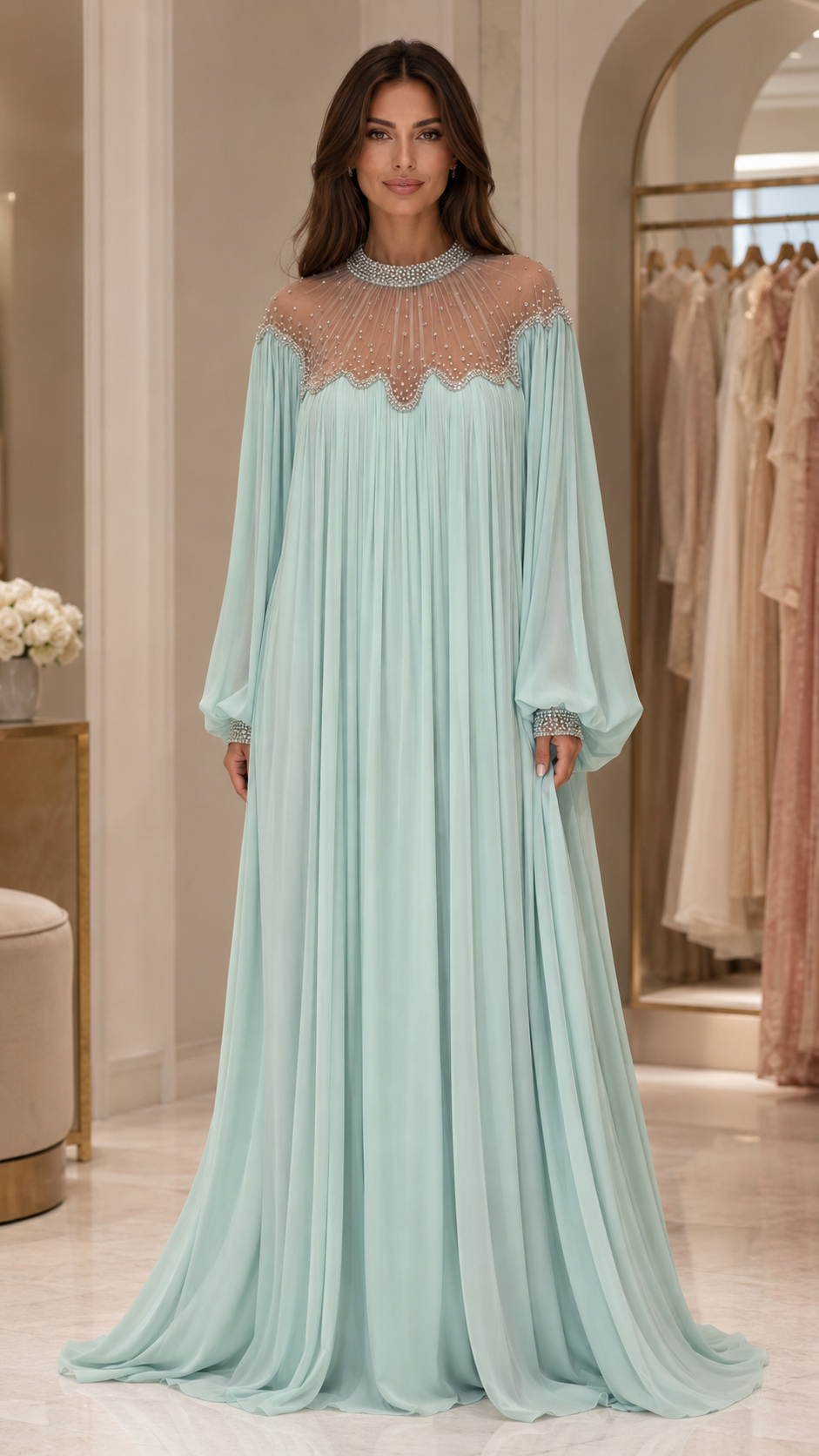 Embellished Pleated Chiffon Maxi Dress
