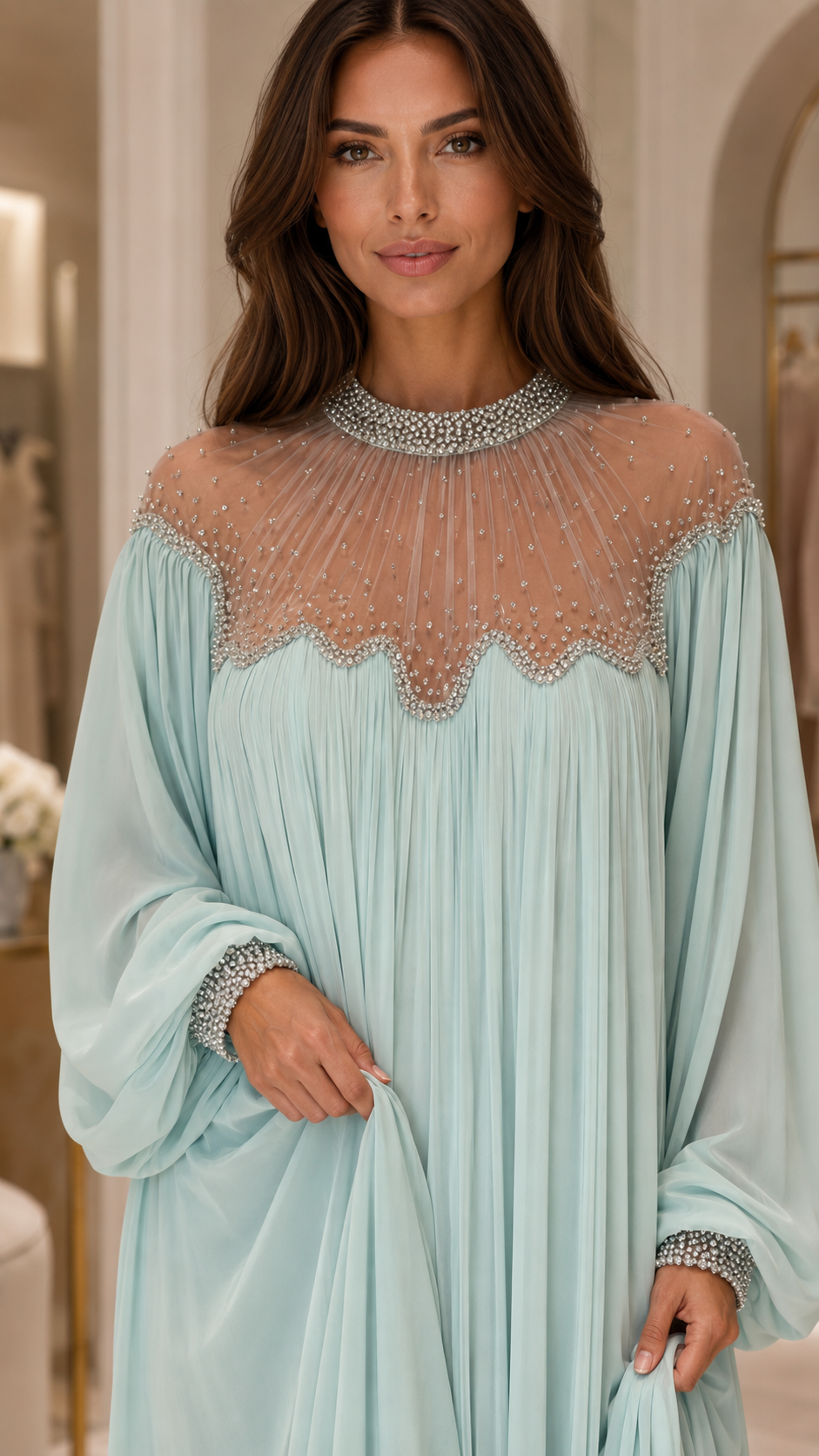 Embellished Pleated Chiffon Maxi Dress