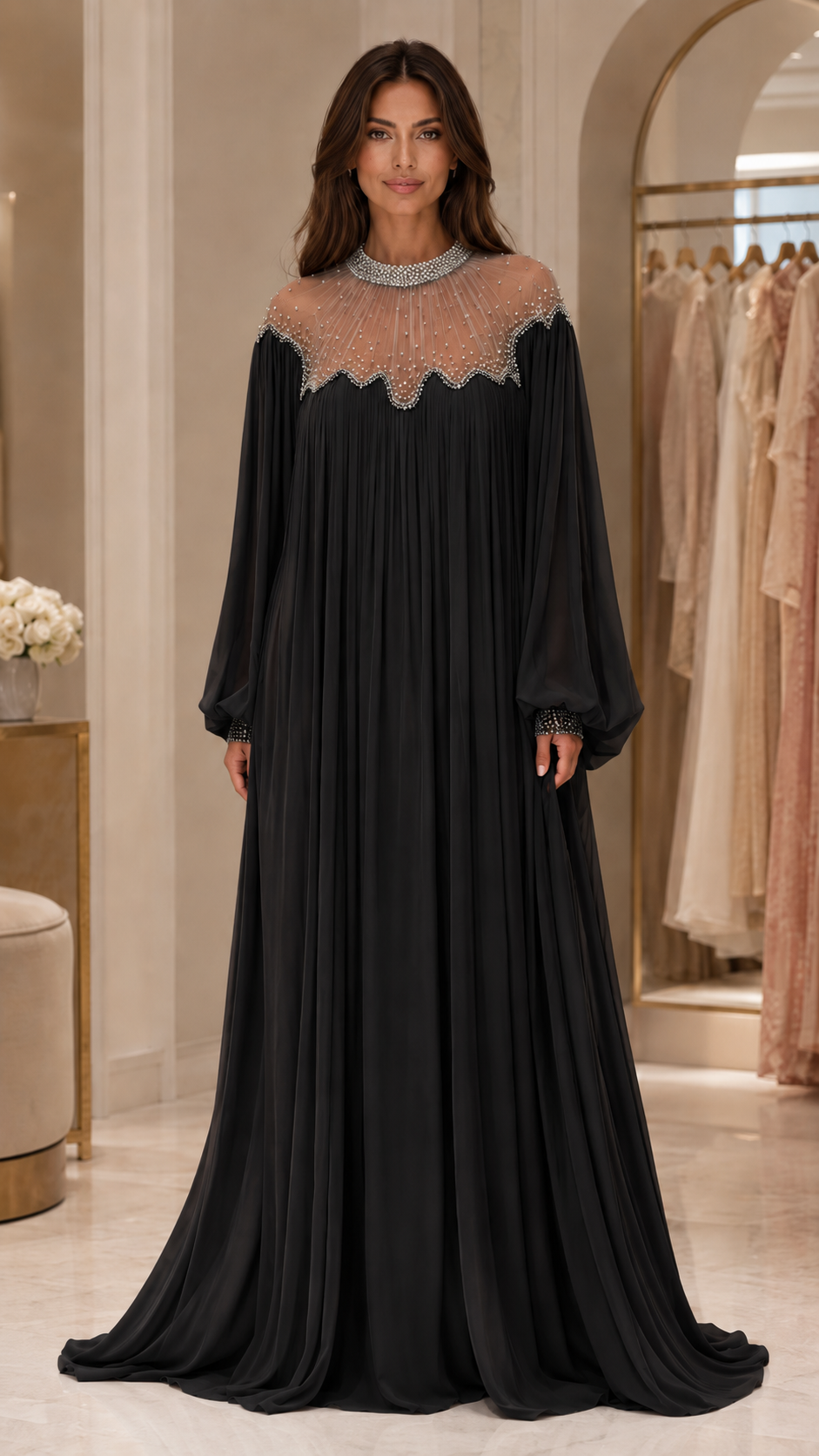 Embellished Pleated Chiffon Maxi Dress