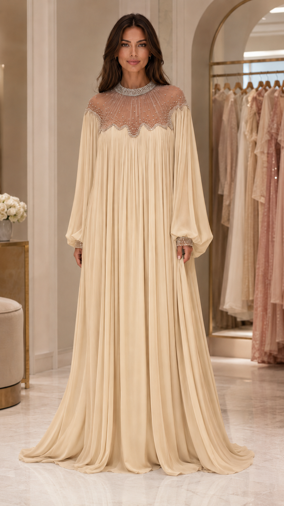 Embellished Pleated Chiffon Maxi Dress