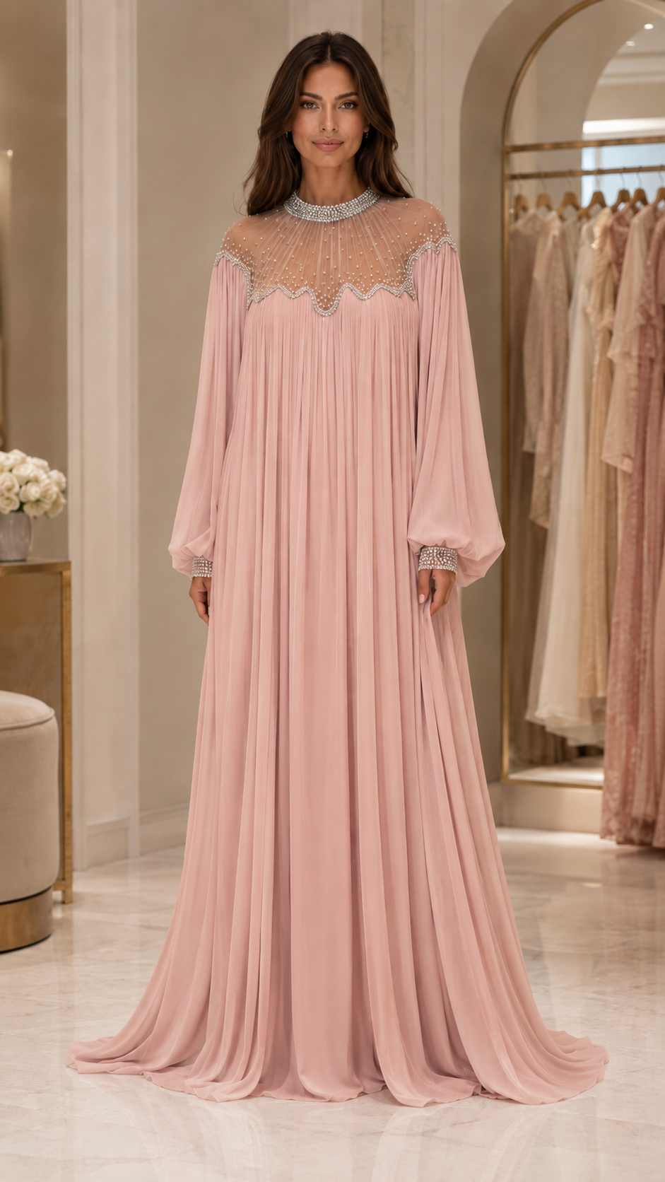 Embellished Pleated Chiffon Maxi Dress