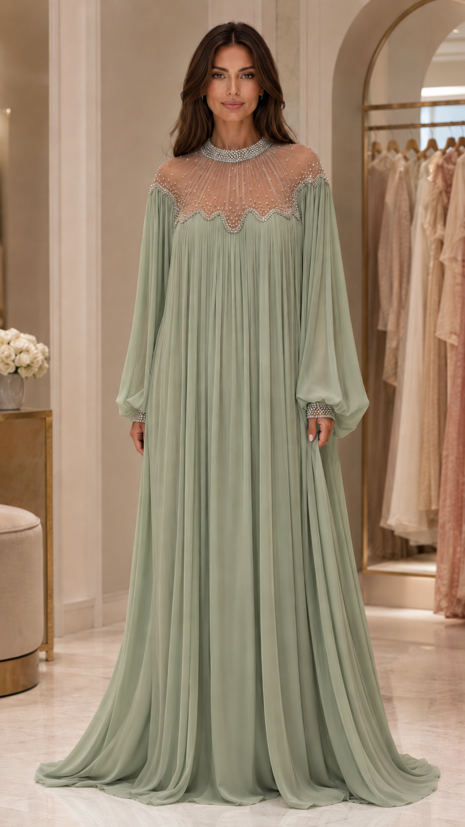 Embellished Pleated Chiffon Maxi Dress