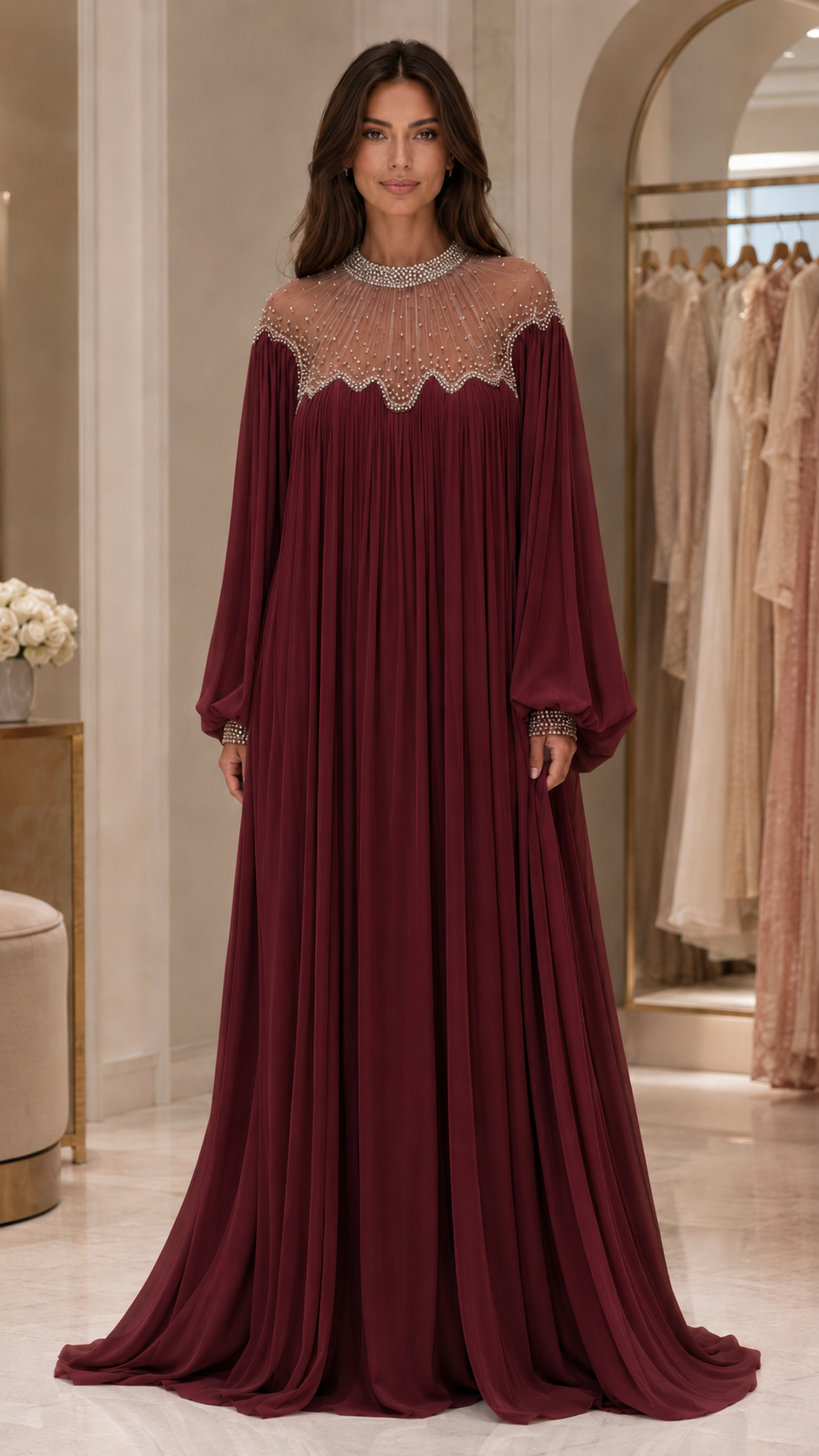 Embellished Pleated Chiffon Maxi Dress