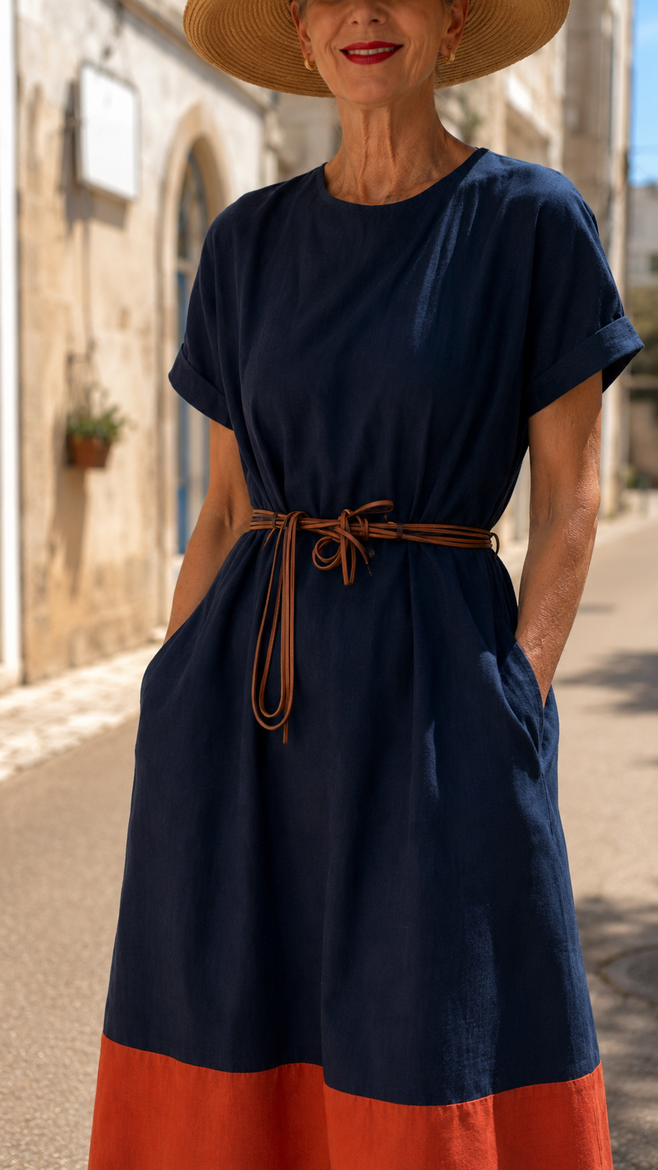 Colorblock Belted Midi Dress