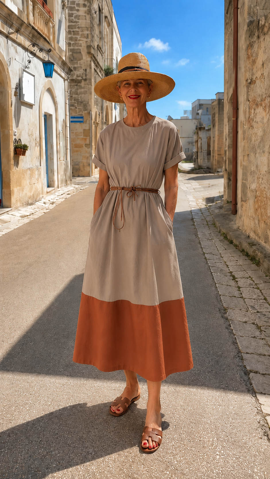 Colorblock Belted Midi Dress