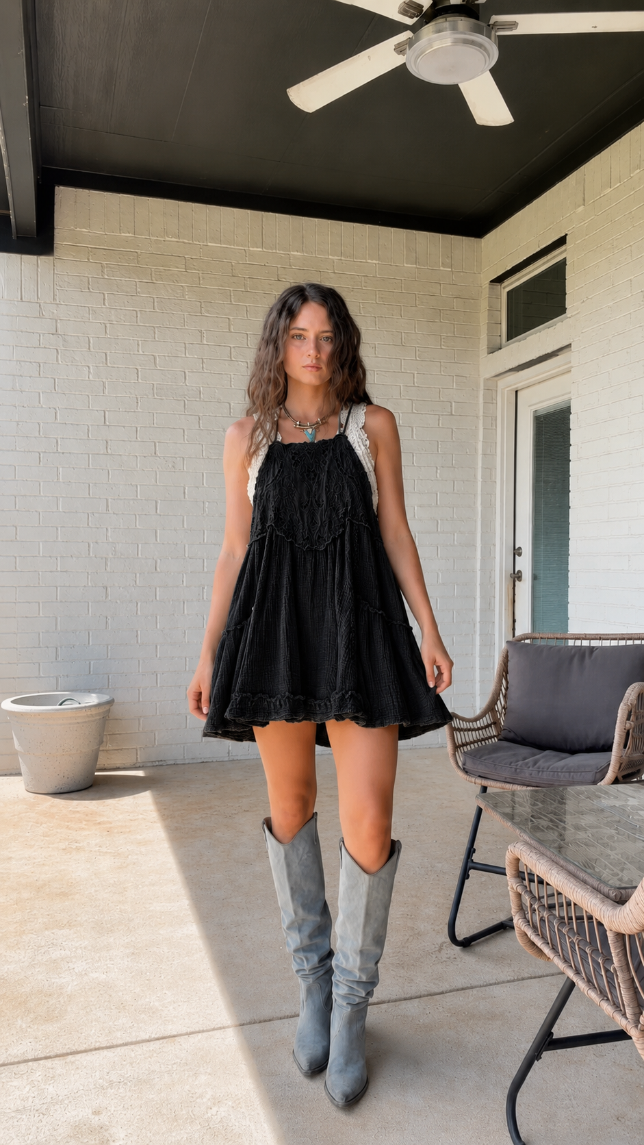Lace Trim Flowy Mini Dress