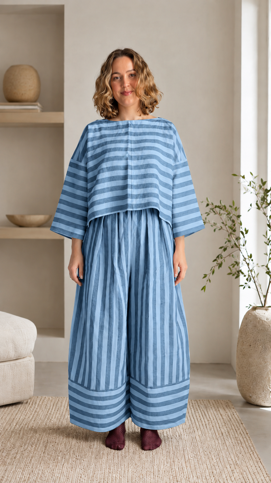 Striped Oversized Top & Wide-Leg Pants Set