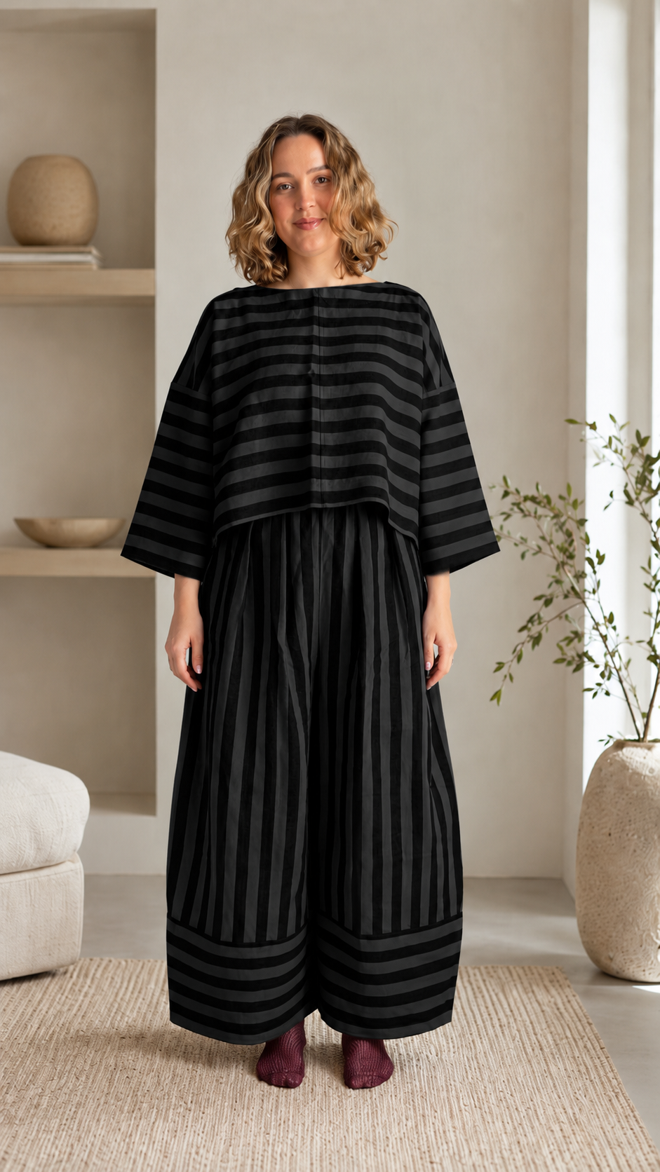 Striped Oversized Top & Wide-Leg Pants Set