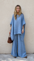 Relaxed Linen-Blend Poncho Top & Wide-Leg Pants Set