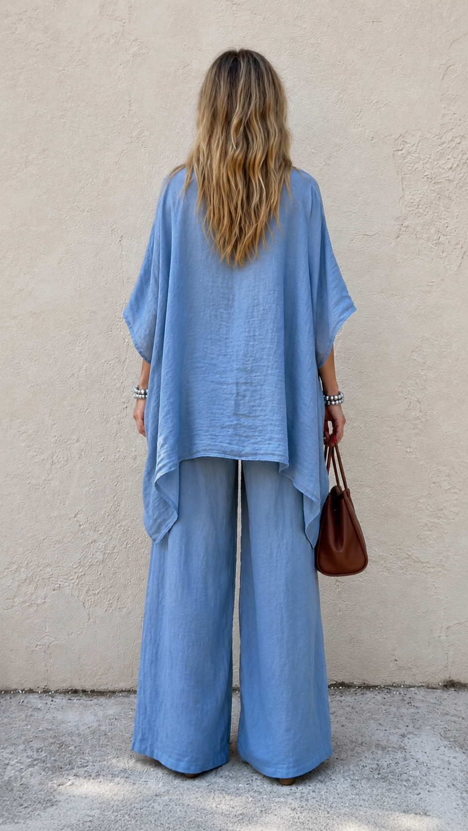 Relaxed Linen-Blend Poncho Top & Wide-Leg Pants Set