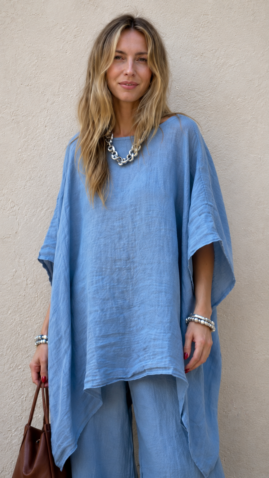 Relaxed Linen-Blend Poncho Top & Wide-Leg Pants Set