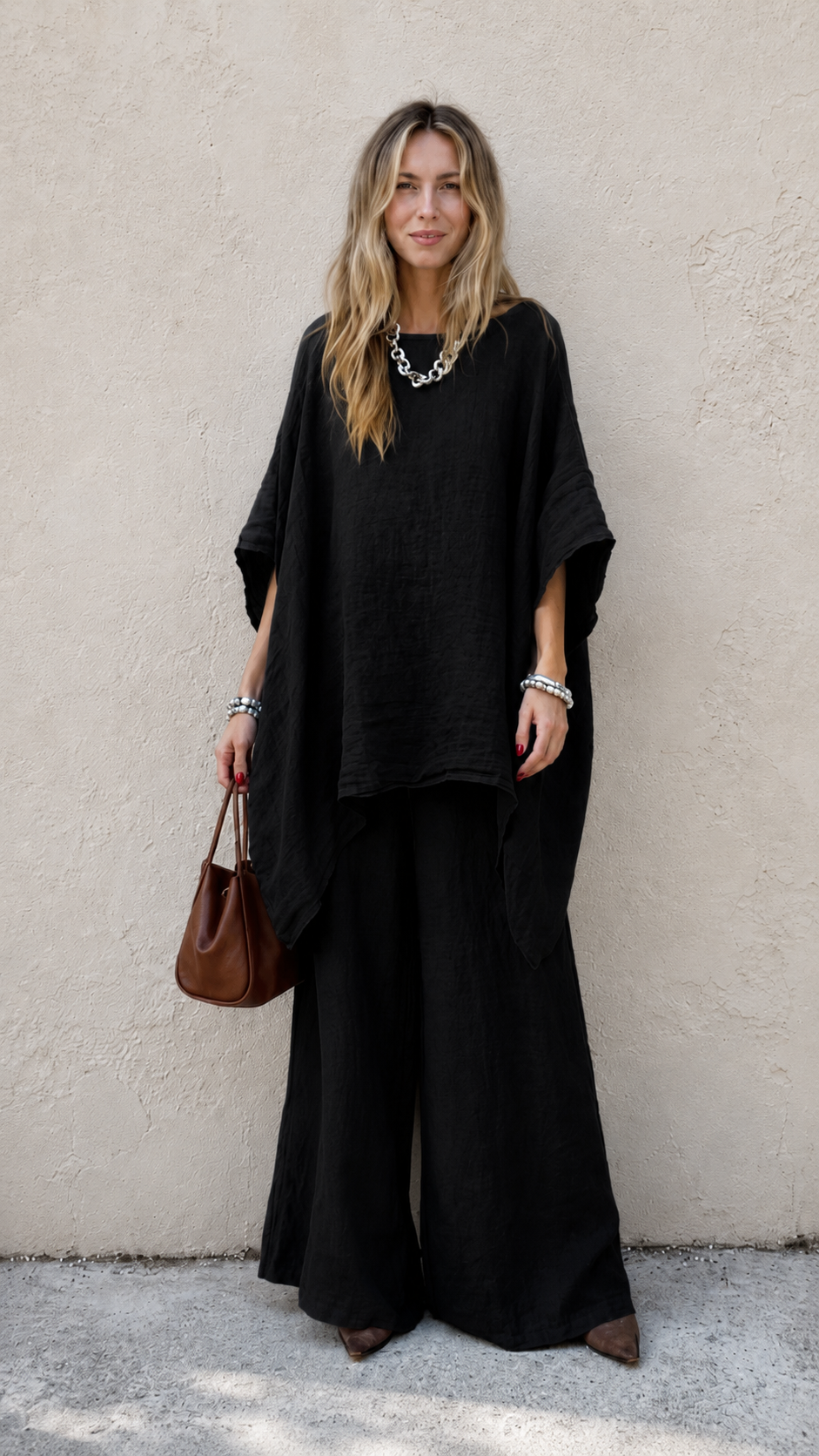 Relaxed Linen-Blend Poncho Top & Wide-Leg Pants Set
