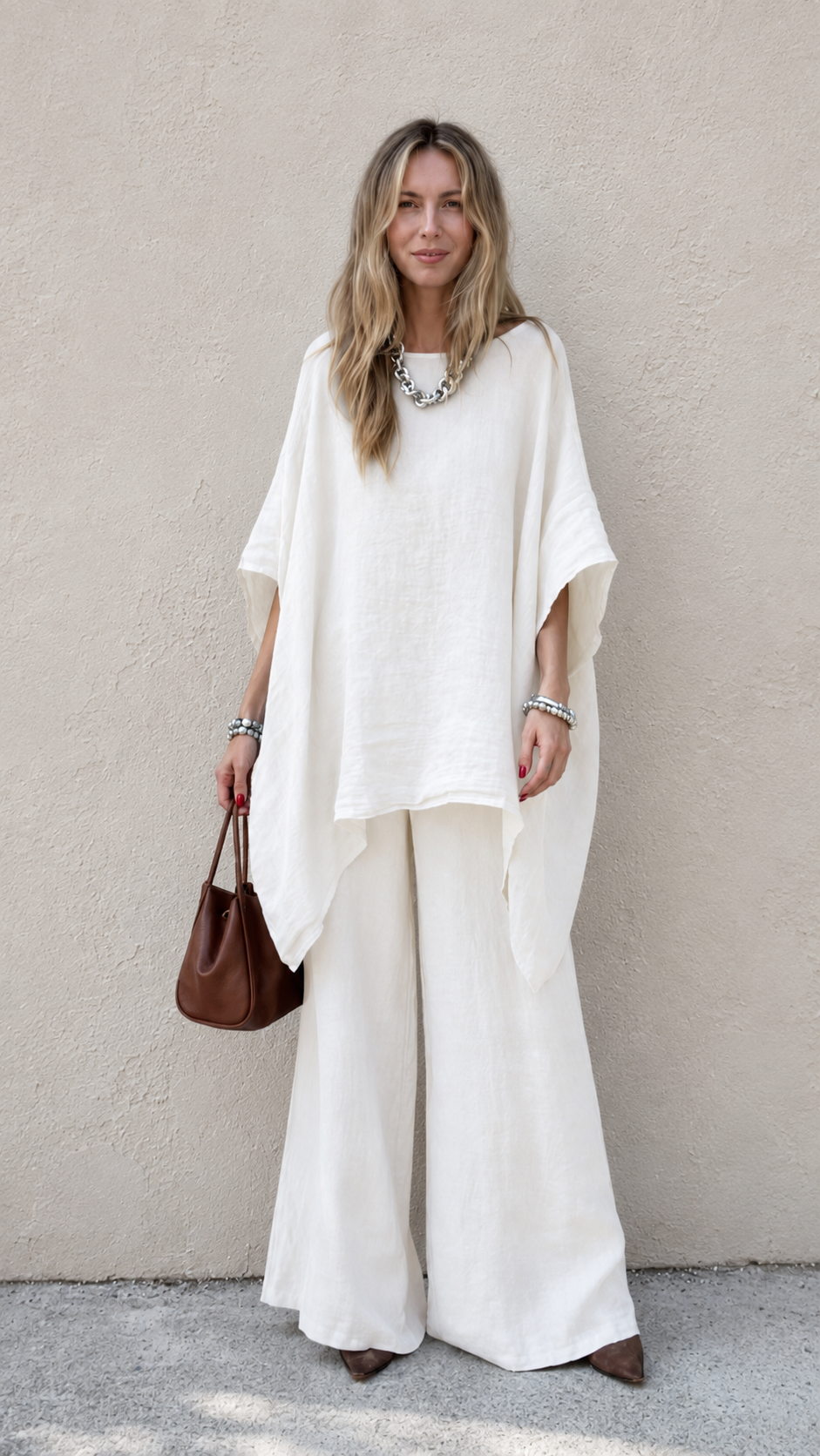 Relaxed Linen-Blend Poncho Top & Wide-Leg Pants Set