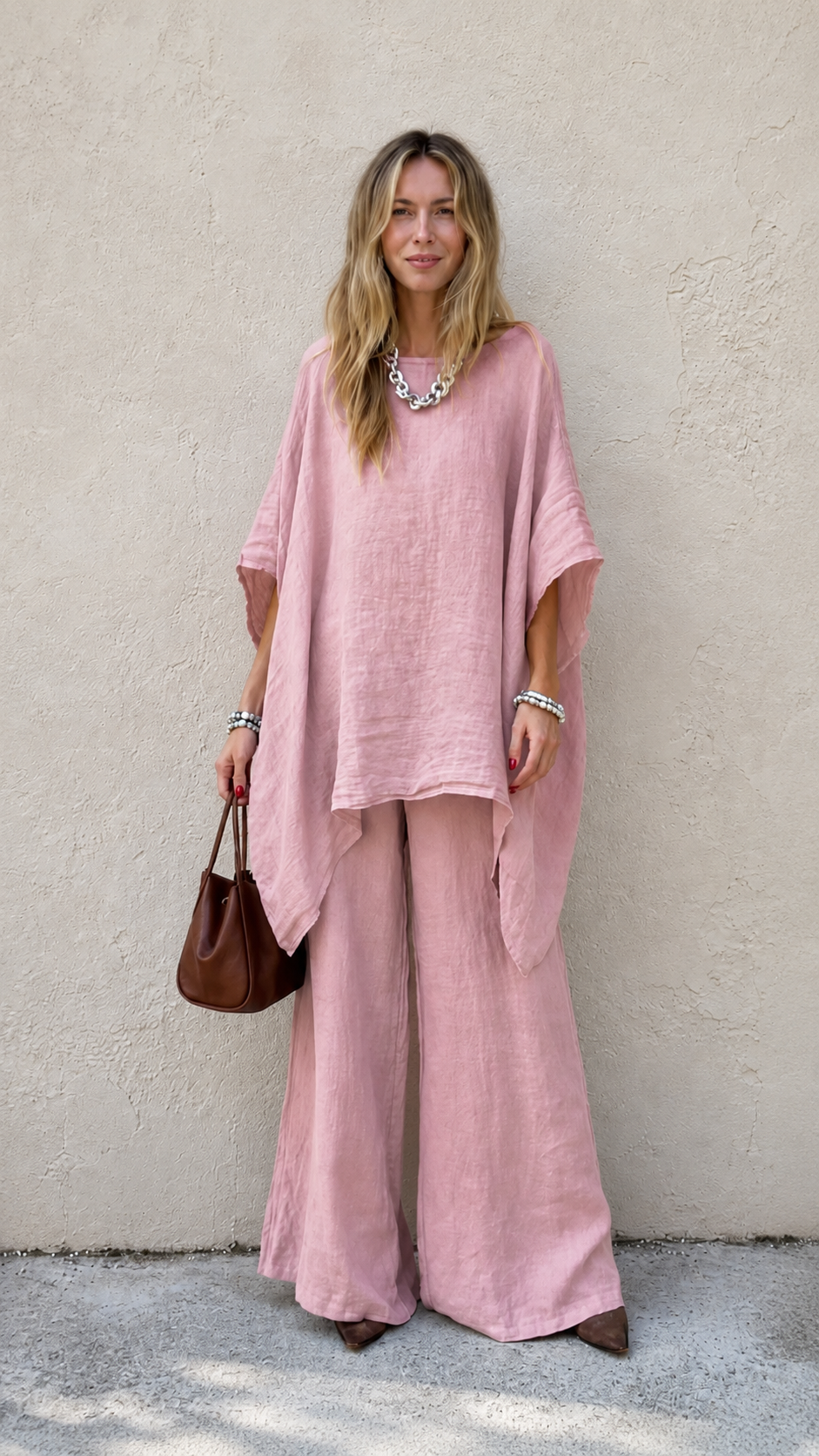 Relaxed Linen-Blend Poncho Top & Wide-Leg Pants Set