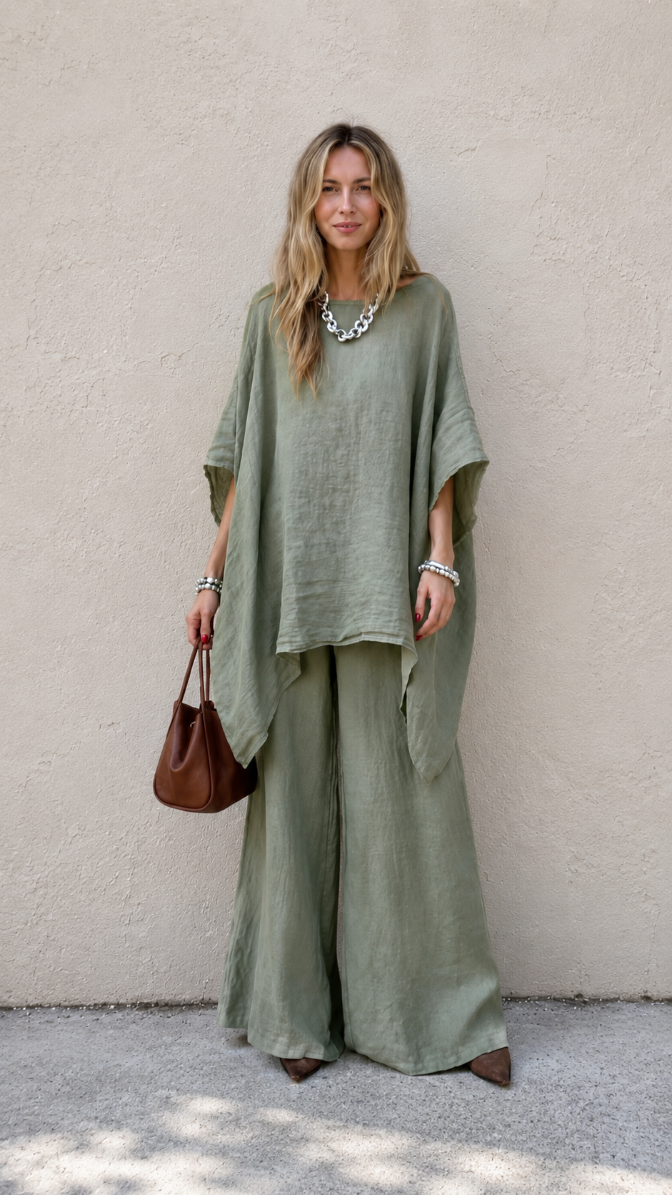 Relaxed Linen-Blend Poncho Top & Wide-Leg Pants Set