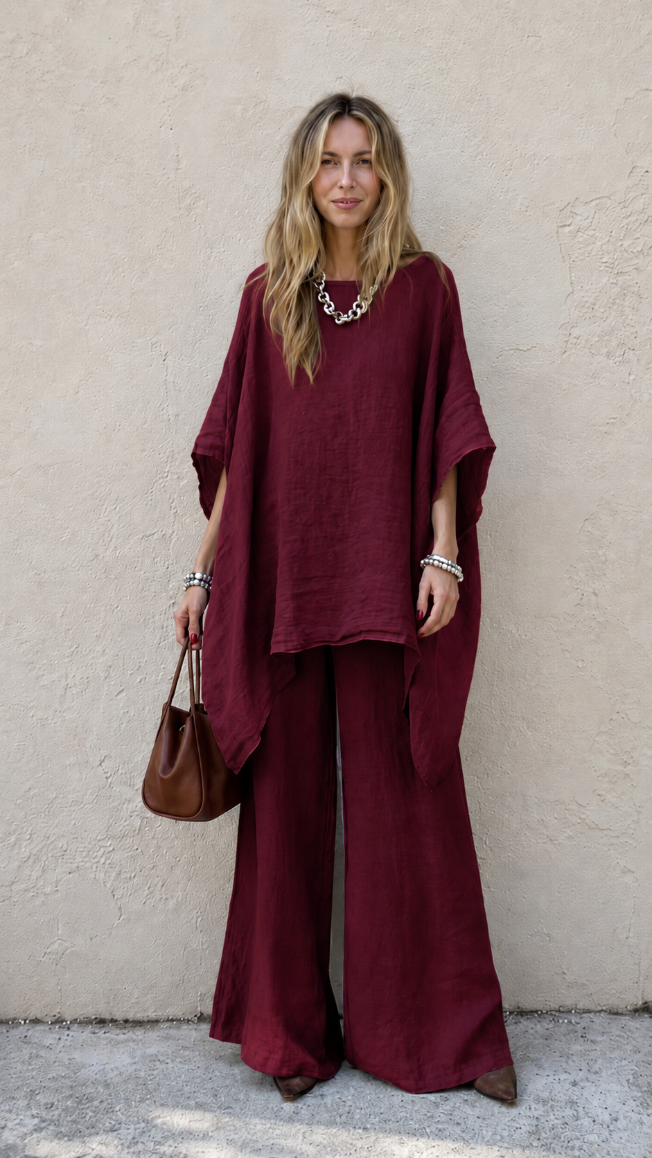 Relaxed Linen-Blend Poncho Top & Wide-Leg Pants Set
