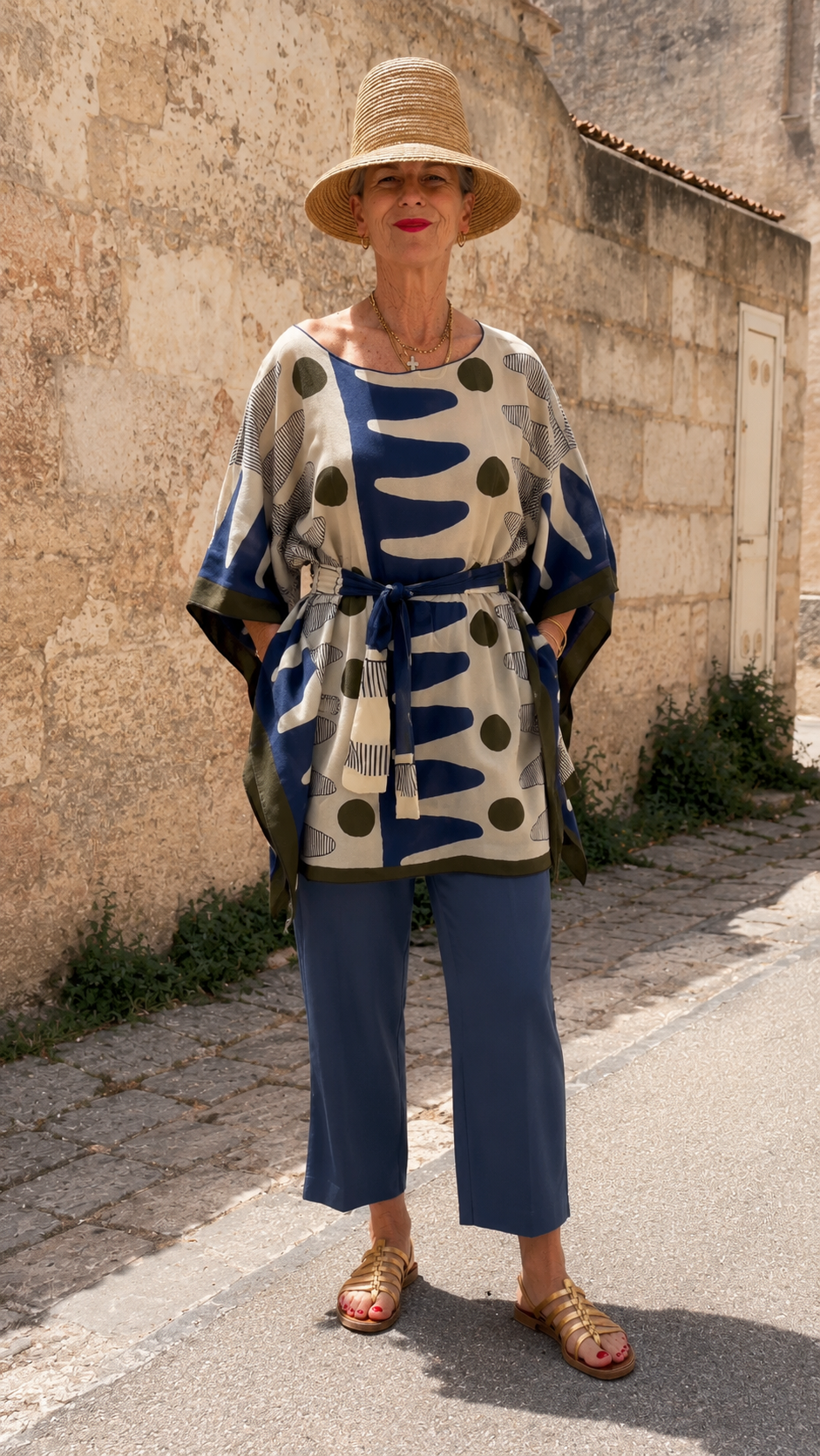 Printed Belted Poncho Top & Cropped Pants Set