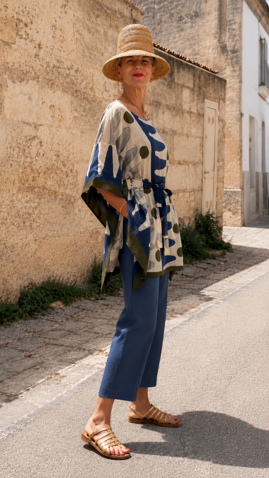 Printed Belted Poncho Top & Cropped Pants Set