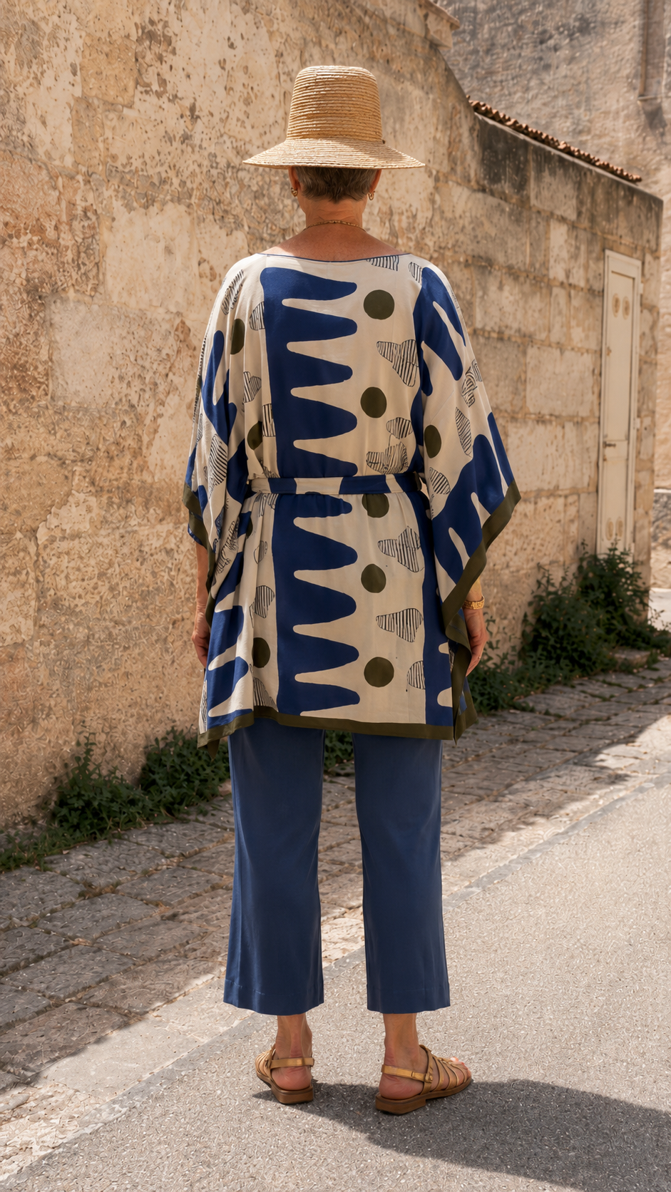 Printed Belted Poncho Top & Cropped Pants Set