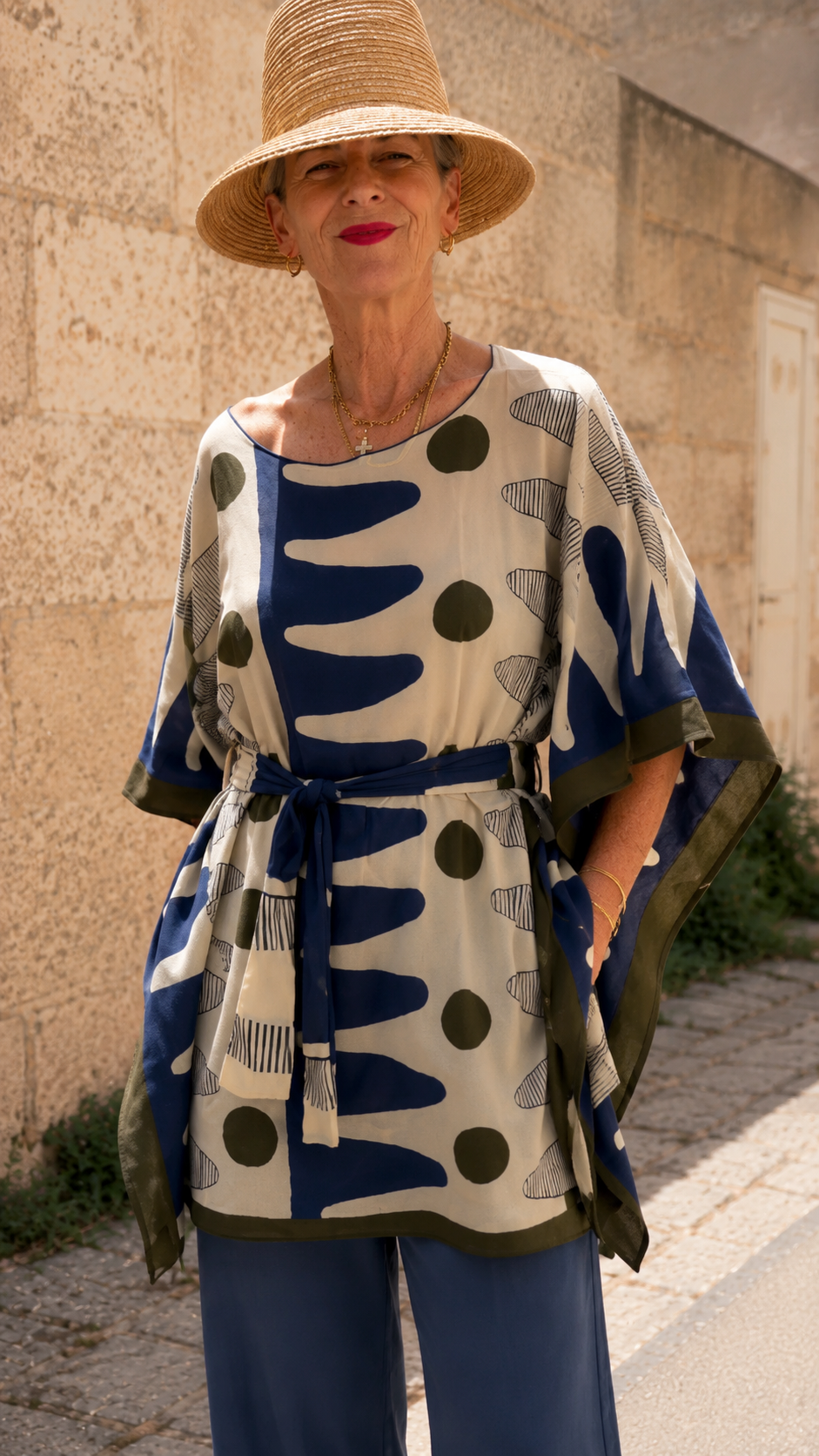 Printed Belted Poncho Top & Cropped Pants Set