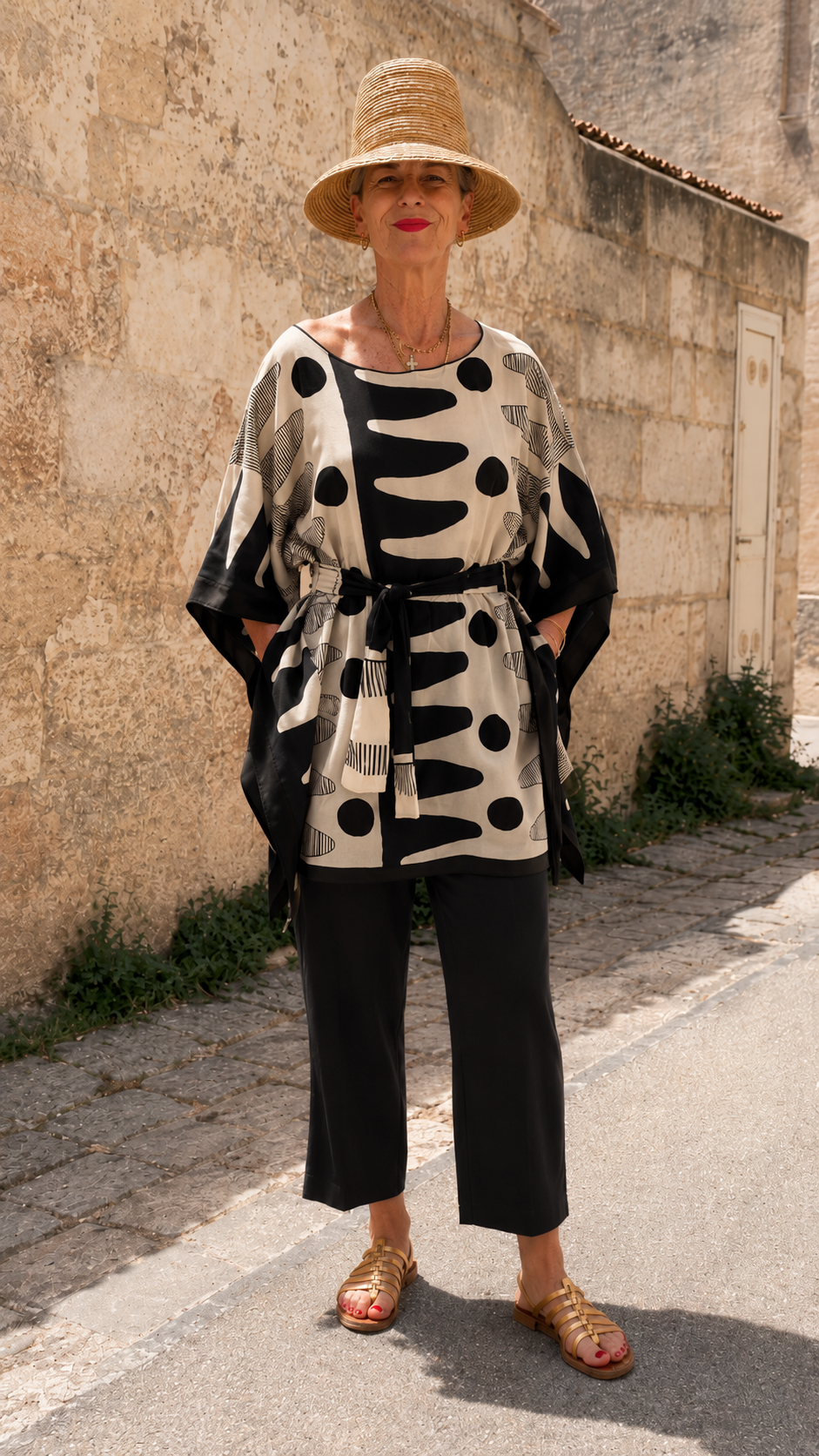 Printed Belted Poncho Top & Cropped Pants Set