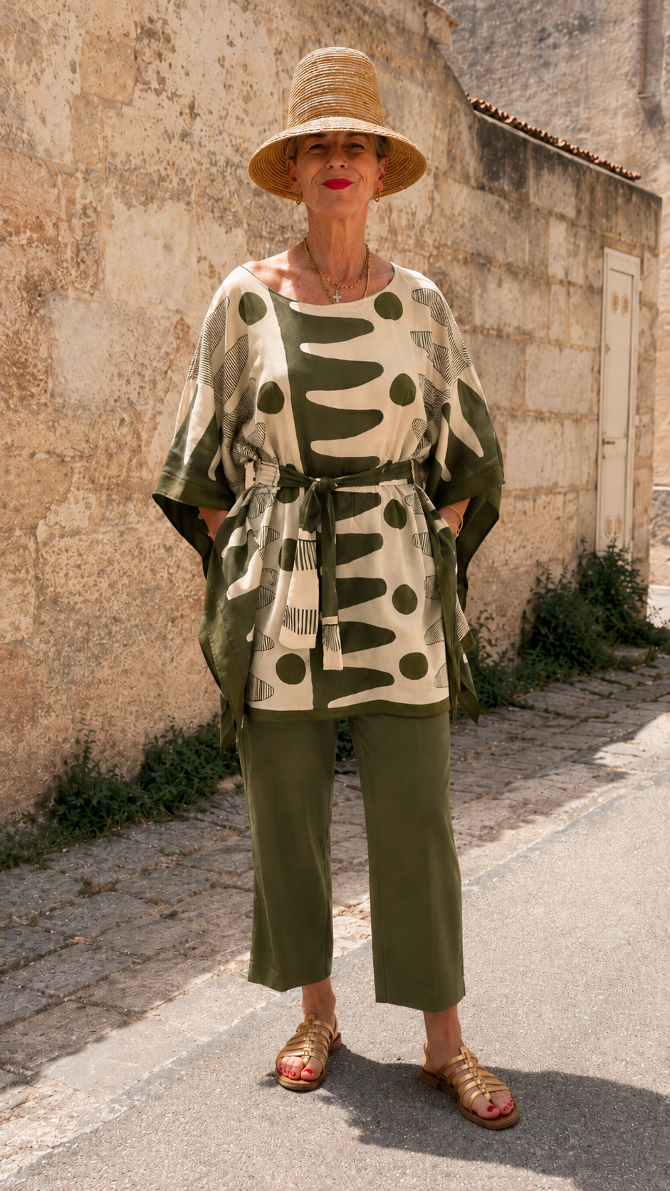 Printed Belted Poncho Top & Cropped Pants Set