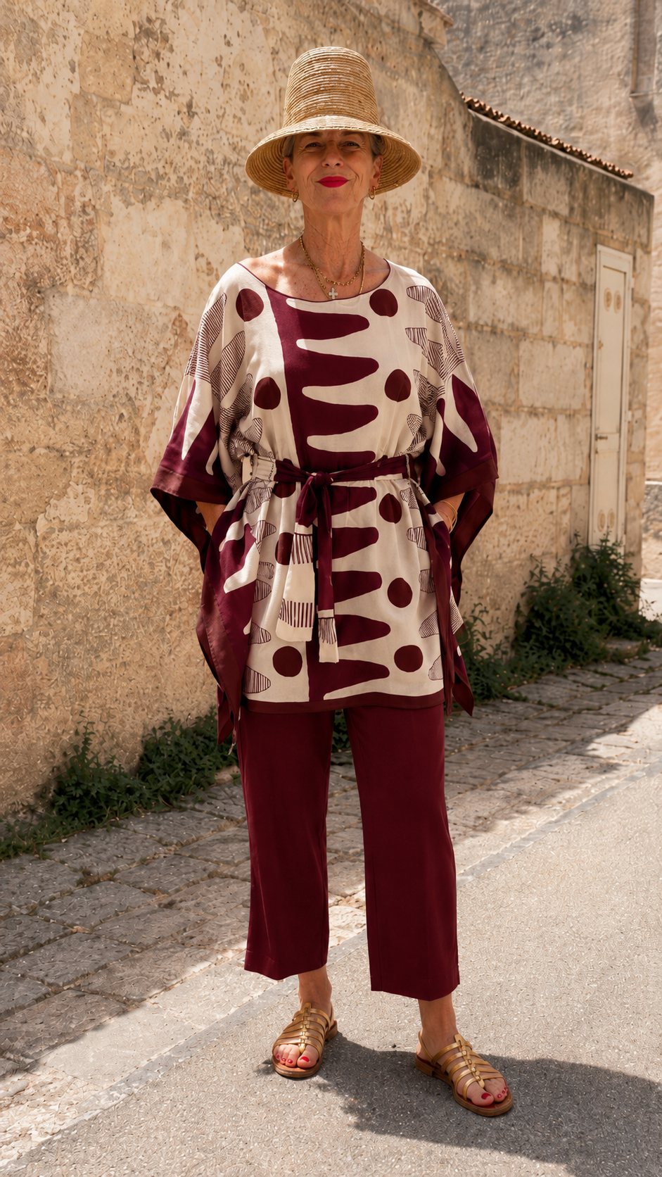 Printed Belted Poncho Top & Cropped Pants Set
