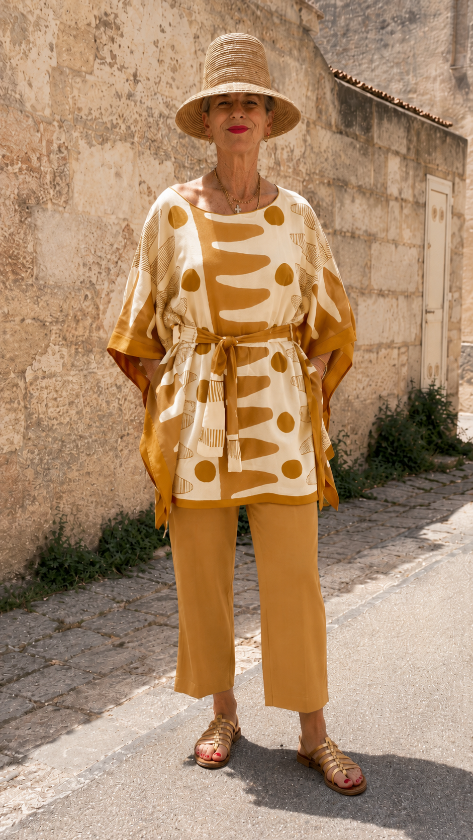 Printed Belted Poncho Top & Cropped Pants Set