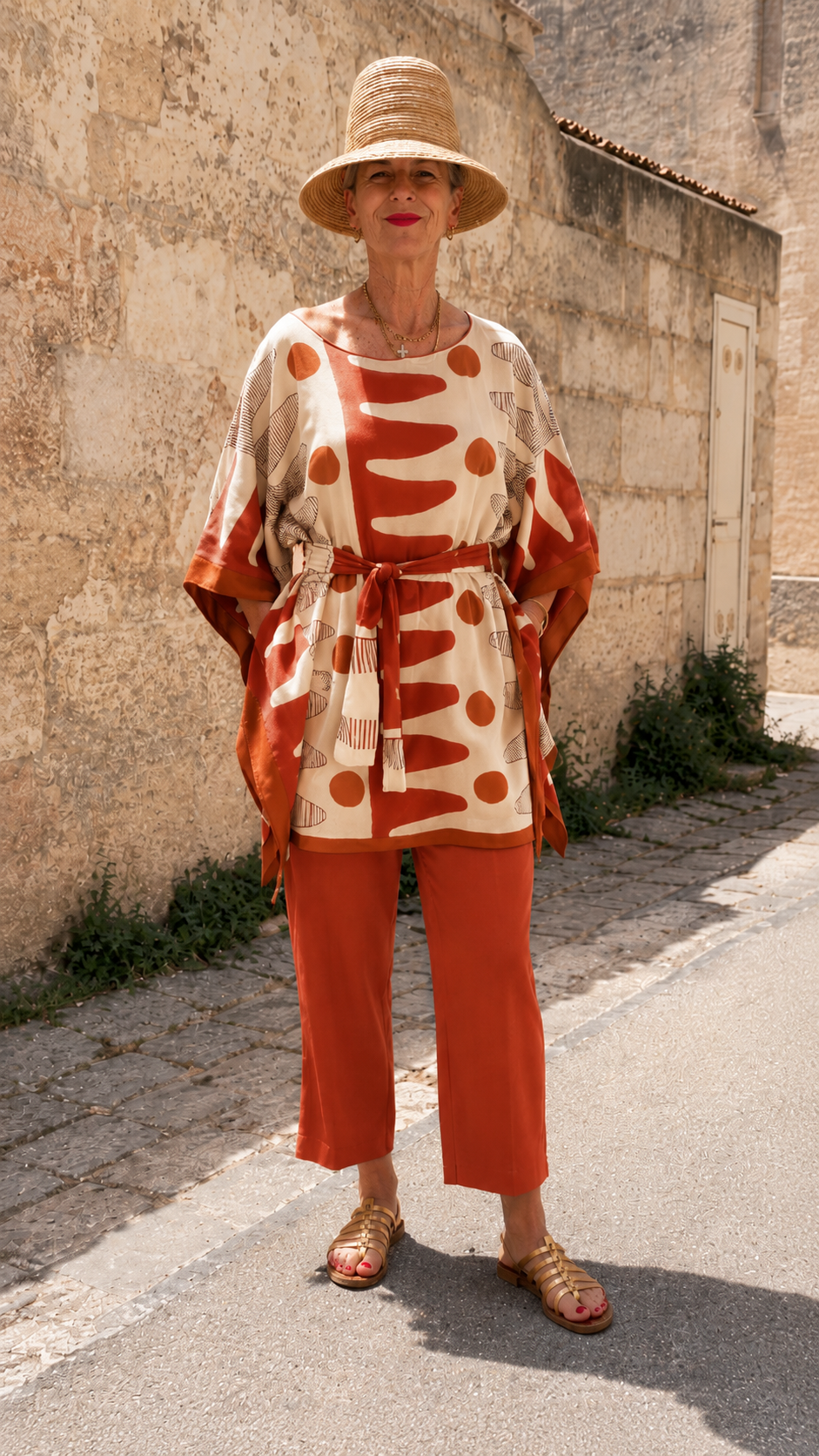 Printed Belted Poncho Top & Cropped Pants Set