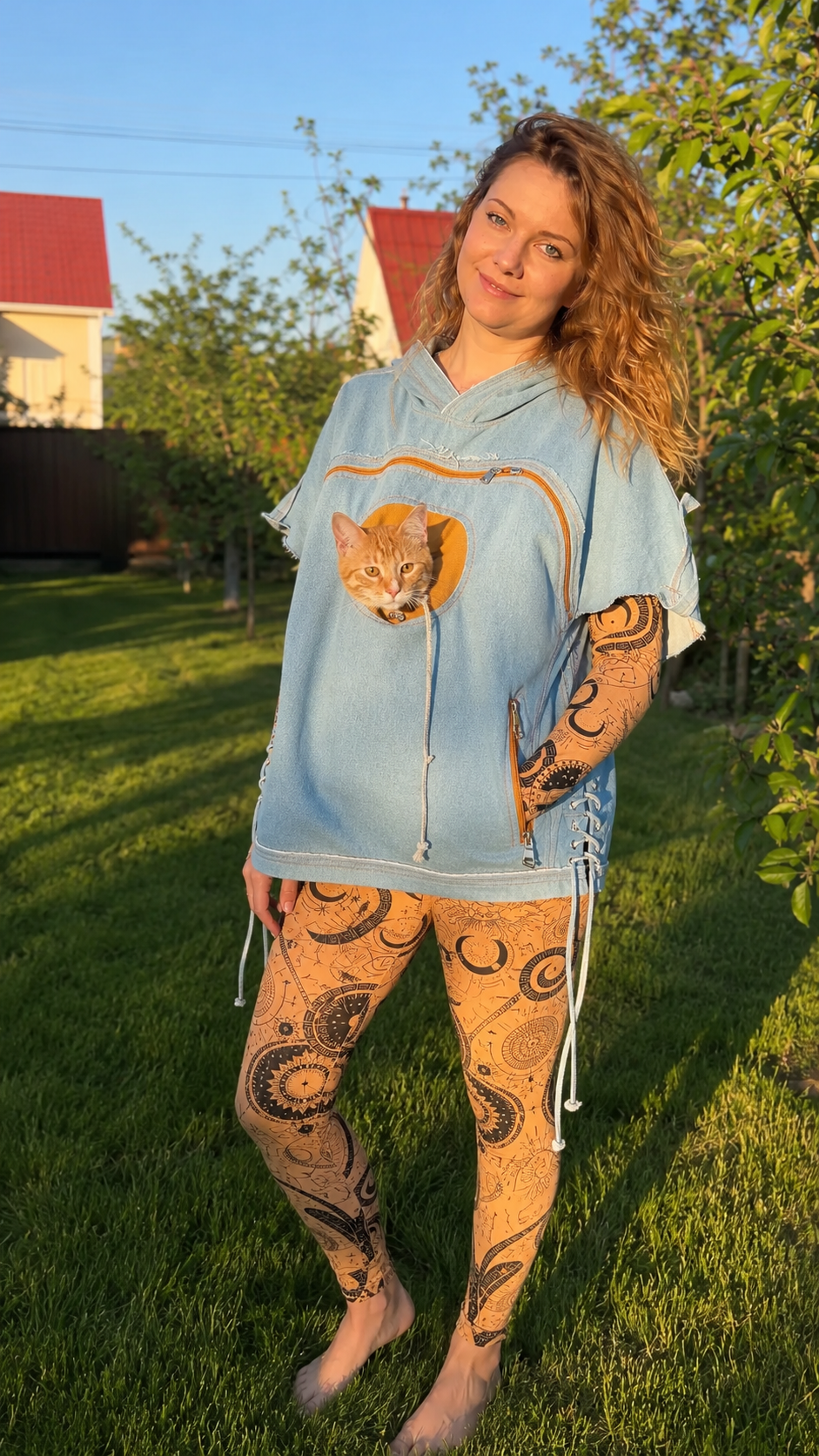 Cat Pocket Denim Hoodie & Printed Leggings Set