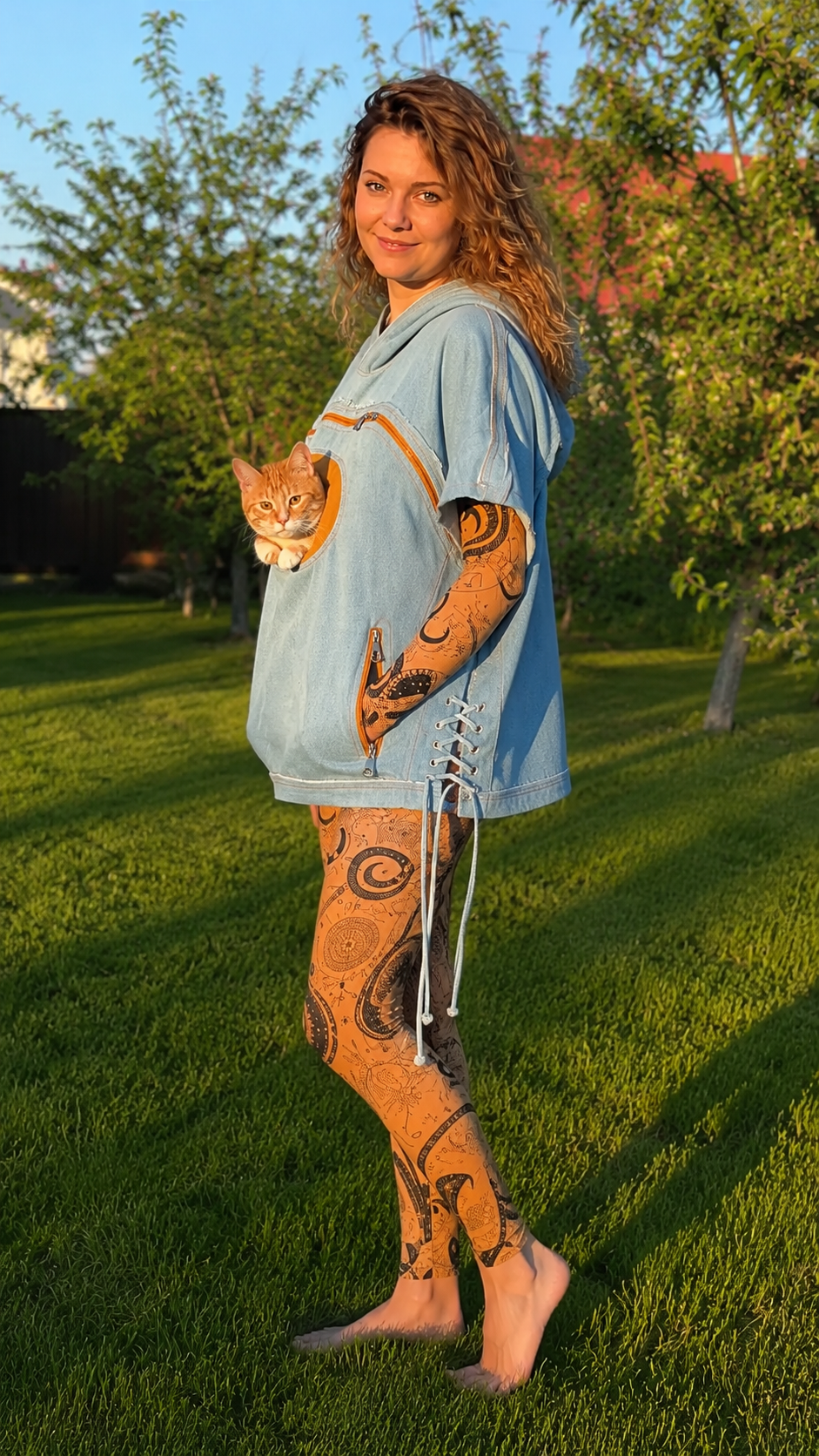 Cat Pocket Denim Hoodie & Printed Leggings Set