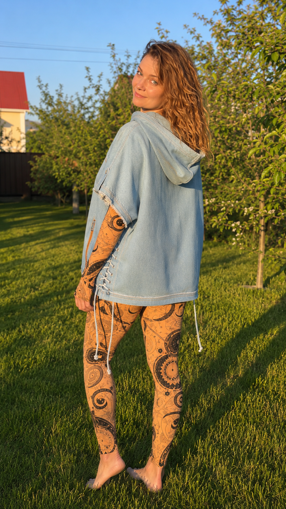 Cat Pocket Denim Hoodie & Printed Leggings Set