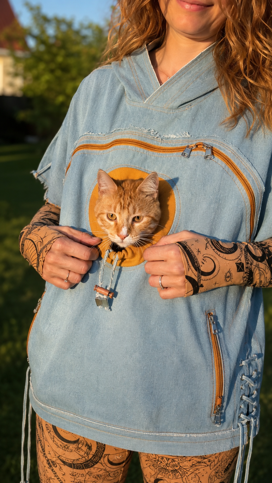 Cat Pocket Denim Hoodie & Printed Leggings Set